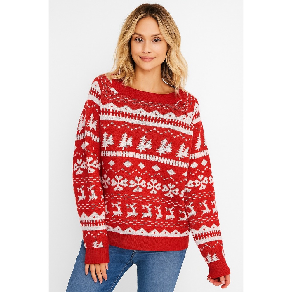 Vero Moda‎ Frosty Iceberry Red Fair Isle Reindeer Christmas Sweater Pullover NEW